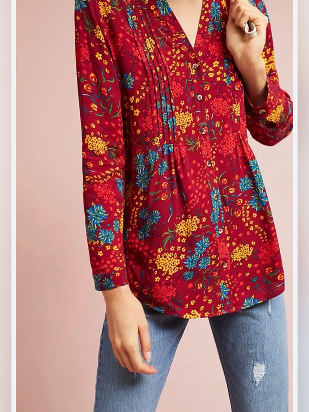 Maeve Anthropologie Women’s Large Burgundy Floral Button Down Pintucked Blouse